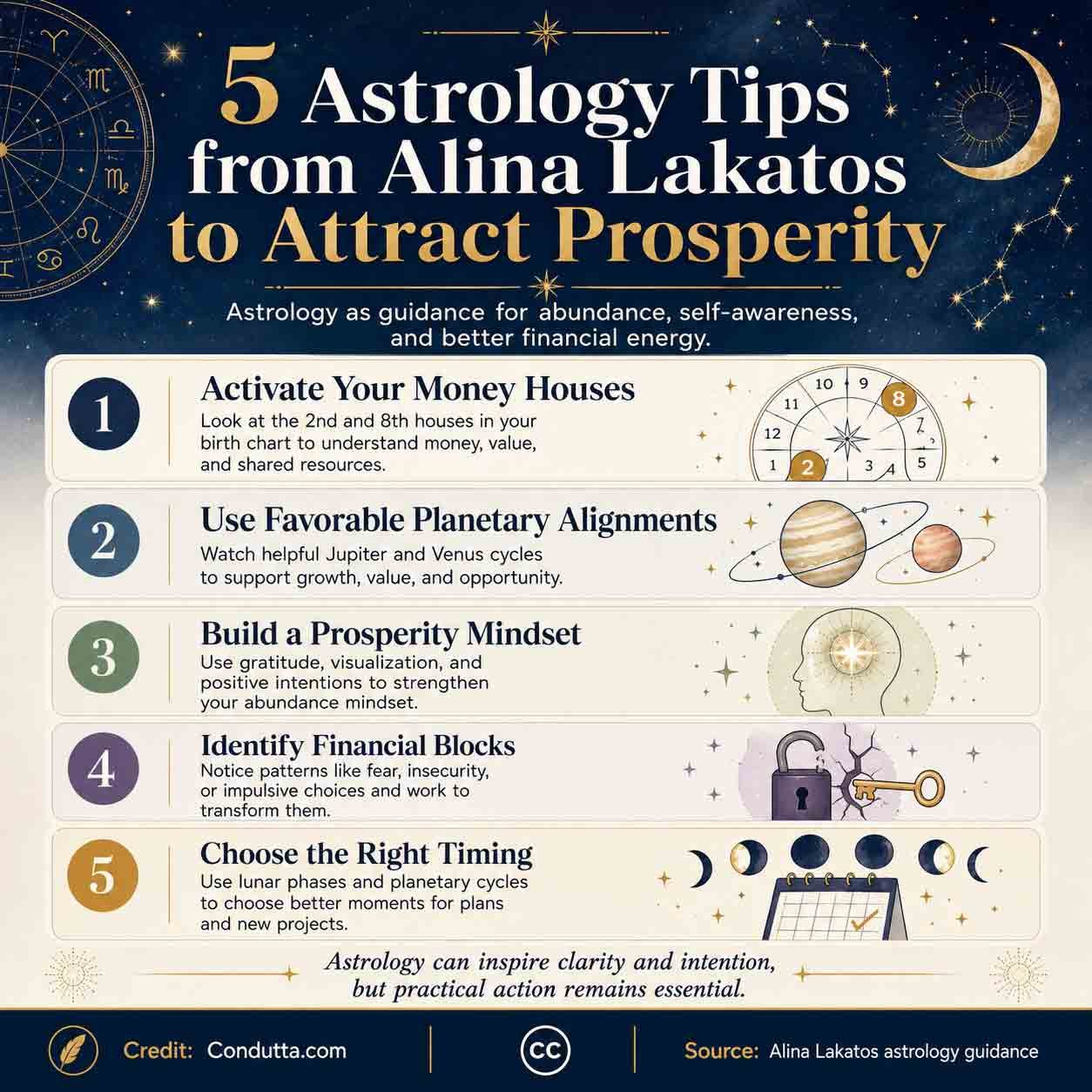 Infographic: 5 astrology tips to attract prosperity. Condutta.com 